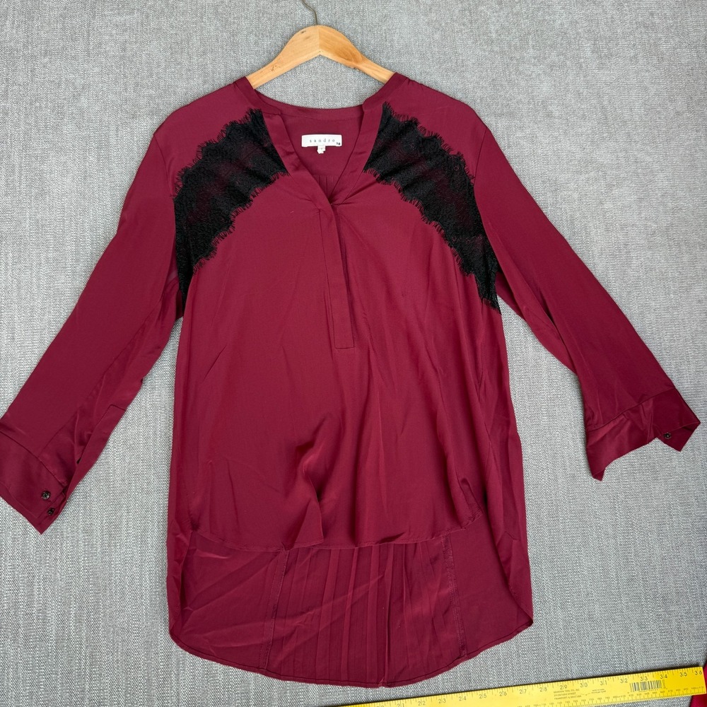 Sandro Paris Blouse Top Women 2 Burgundy Silk Lace Inset Hi-Low Hem Casual Chic